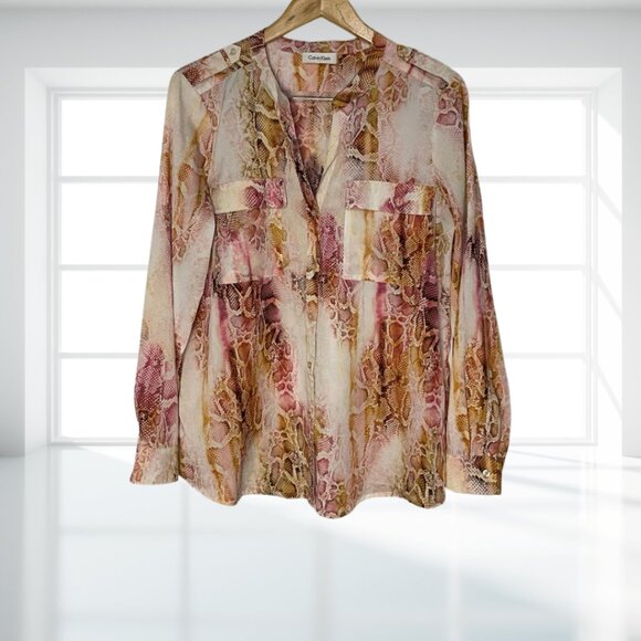 Calvin Klein Snake Print Blouse Button Down Shirt Top M Animal Reptile Pockets - Picture 2 of 11